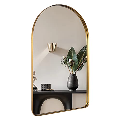 Image of 30x40 Inch Gold Bathroom Mirror, Arch Top Design Stainless Steel Mteal Frame, Brass Arch Mirrors for Wall Ideal for Bathroom, Entry, Living Room