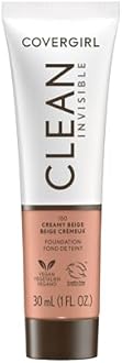 COVERGIRL Clean Invisible Foundation Makeup, Dewy & Glowy Natural Finish, Buildable Coverage, Skin-Like Smooth Look, Vegan, Creamy Beige, 1oz