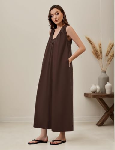 Image of OLAPTA Women Summer Sleeveless Maxi Dress Scoop Neck Ruched Loose Fit Casual Elegant Solid Vacation Long Dress with Pockets