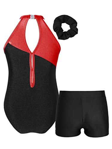 JEATHA Girls Ballet Dance Outfits 3PCS Shiny Rhinestone Sleeveless Gymnastics Leotard with Athletic Shorts Set2