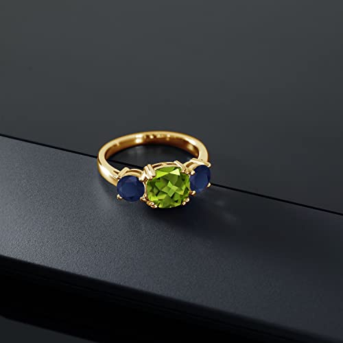 Gem Stone King 18K Yellow Gold Plated Silver Green Peridot and Blue Sapphire 3 Stone Engagement Ring For Women (3.65 Cttw, Gemstone August Birthstone, Cushion 8MM, Available in Size 5,6,7,8,9)3