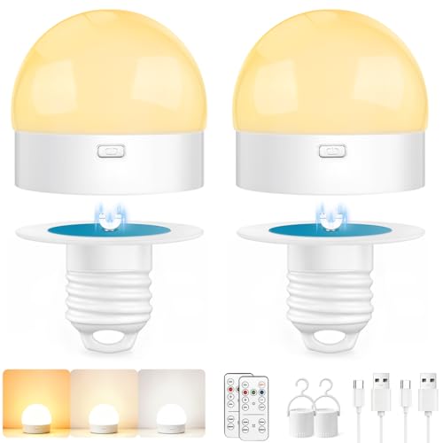 Blakapoo Bombilla LED Recargable con Control Remoto, LED E27 Regulable, con Temporizador, 3 Temperaturas de Color, Base Magnética, Uso Doméstico, Lámpara de Emergencia con Gancho, Paquete de 2