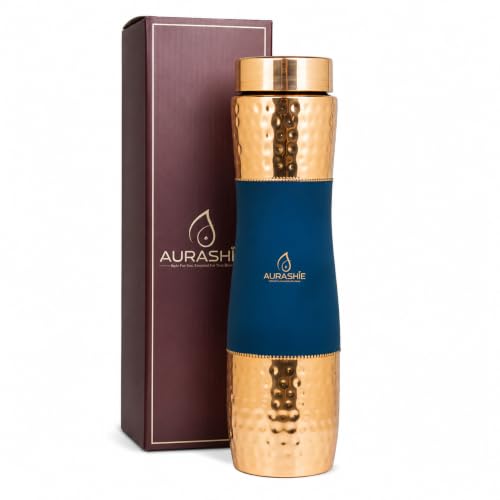 Image of Pure Copper Water Bottle 1 Litre | BPA Free & Leak Proof | Copper-Infused Water | Durable & Rust Proof | Ayurveda Health Benefits - Hammered Finish (Blue Grip Sleeve)