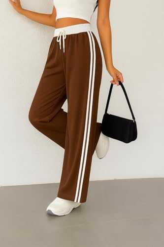 Image of SAKHWALA Women Track Pant | Women's Wide Leg Track Pants High Waist Drawstring Sweatpants with Side Stripes, Casual Loose Fit Lounge Joggers, White