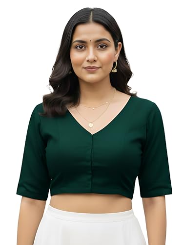 Image of Yash Gallery Women's Stretchable Rayon Lycra V-Neck Short Sleeve Front Open with Hook Stylish Crop Blouse Top for Ethnic Beige Designer Festive Choli Blouse
