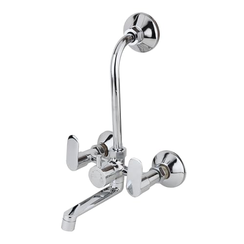 Image of BATH GURU Brass Wall Mixer With L Shape Overhead Shower Attachment Provision, Chrome Finish, 2 In 1 Bathroom Wall Mixer Tap