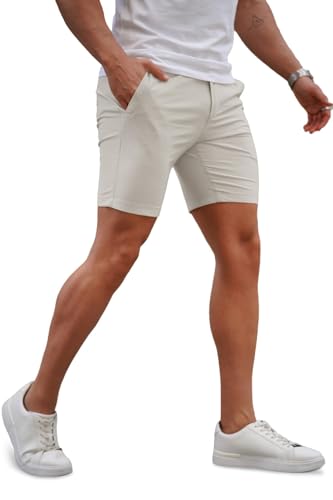 Image of GINGTTO Mens Slim Fit Shorts Plaid Chino Short Tapered Leg Skinny Stretch