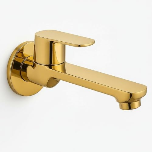 Image of Luxury Gold Finish Wall Mounted Basin Tap - Single Lever Mixer, Modern Brass Faucet for Bathroom & Wash Basin, Contemporary Design, Durable & Rust Resistant, Easy Installation