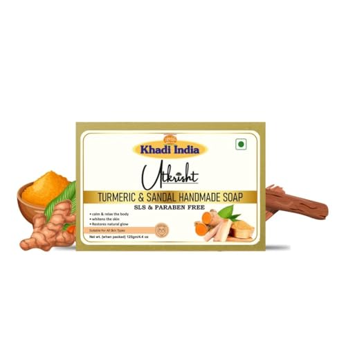 Image of Khadi Turmeric & Sandal Handmade Bathing Soap Bar 125g (Pack of 3) | Natural & Herbal | Glowing & Brightening Skin | For Even Skin Tone & Breakouts | All Skin Types | For Men & Women