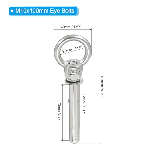 Image of PATIKIL Expansion Eye Bolt M10x100mm, 2 Pack 304 Stainless Steel Shoulder Anchors Eyebolt Screw with Eye Ring for Concrete Brick Walls Canopy Engineering Rigging Silver