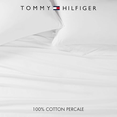 Image of Tommy Hilfiger - Sheet Set, Cotton Percale Bedding with Matching Pillowcases, Crisp & Cool, Solid Design with Hem Stripe (White, Full)