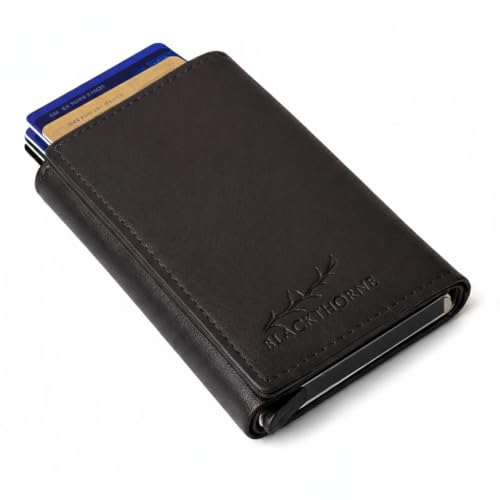 Image of BLACKTHORNE Men's RFID Blocking Leather Wallet | Slim Trifold Wallet with Pop-Up Metal Card Holder for 6 Cards | Extra Card Slots, Cash Compartment & Secure Button Closure Travel Wallet (Brown)