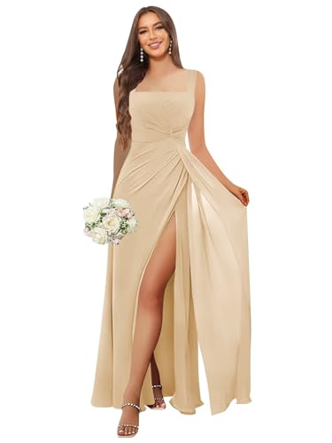Image of HANVAIOS Square Neck Bridesmaid Dresses Long Chiffon Formal Maxi Dress with Slit