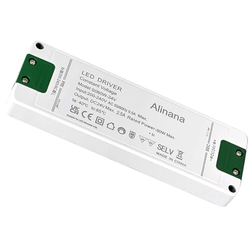 Alinana Transformador de 220V a 24V 60W, Transformador LED de 24V de Voltaje Constante 2,5A, Transformador LED Ultrafino, Sin Parpadeo Driver para Tira LED 24V de Luces y Bombilla G4, MR11, MR16