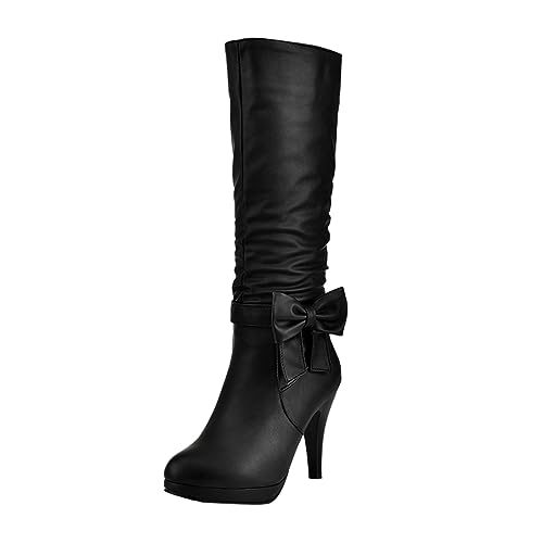 Women Ladies And Knee Long Boots Bows Thick Heel High Heeled High Boots Leather Shoes High Boots for Women Sexy Womens High Socks for Low Boots (Black, 6)