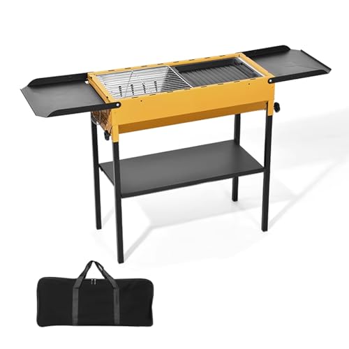 Parrilla de carbón portátil con altura ajustable y mesa auxiliar para cocinar al aire libre en camping, jardines, playa y picnics