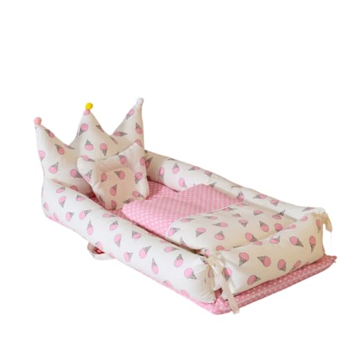 XVVXベビーベッド 新生児 添い寝 枕付き 寝具 簡易ベッド ポータブル ポータブルベビーベッド うさ耳型 かわいい ベビーベッドキルト 通気性 取り外し可能 洗える 出産祝い (コーン - ピンク (クラウンスタイル) (キルト付き))