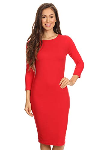 Image of ICONOFLASH Women's 3 /4 Sleeves Midi Bodycon Dress Crew Neck Fitted Dresses with Plus Size Options
