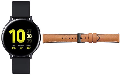 Image of Samsung Galaxy Watch Active 2 (Bluetooth + LTE, 44 mm) - Black, Aluminium Dial, Silicon Straps + Free Leather Strap (Tan) Worth INR 2500