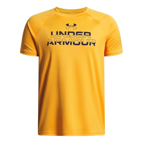 Under Armour Boys' Tech Split Wordmark Short Sleeve T Shirt, (793) Squad Orange / / Midnight Navy, Large