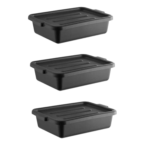 3-Pack 20″ x 15″ x 5″ Commercial Bus Tub/Bus Box – 6.5 Gallons with Lid – Stackable Dish Storage Boxes for Home Kitchen, Pantry, or Garage Organization – Heavy-Duty and Freezer-Safe – Black