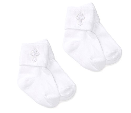 Born to Love First Communion, Baptism, Christening Socks with Cross Embroidery for Boys, 6 to 12 Months, White, Set of 2
