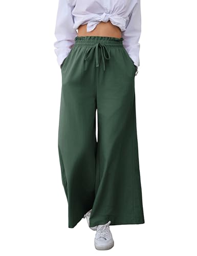 Yeokou Women Linen Cotton Wide Leg Pants Drawstring Elastic High Waist Casual Palazzo Trousers with Deep Pockets
