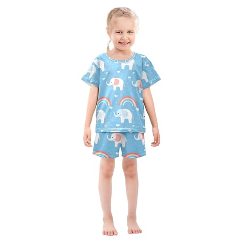 ALAZA Cute Elephant Love Heart Blue Pajamas Set Short Sleeve Cotton Sleepwear Summer Pjs 2 Piece 5-14Y3