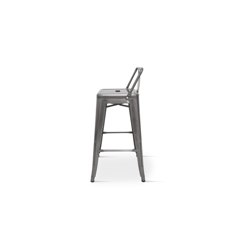 Kosmi - Sgabello da Bar in Metallo Grezzo con Piccolo Schienale, Sedia da Bar Sgabello in Metallo Altezza 66 cm Perfetto per Piano Cucina di Circa 90 cm, Finitura zincata