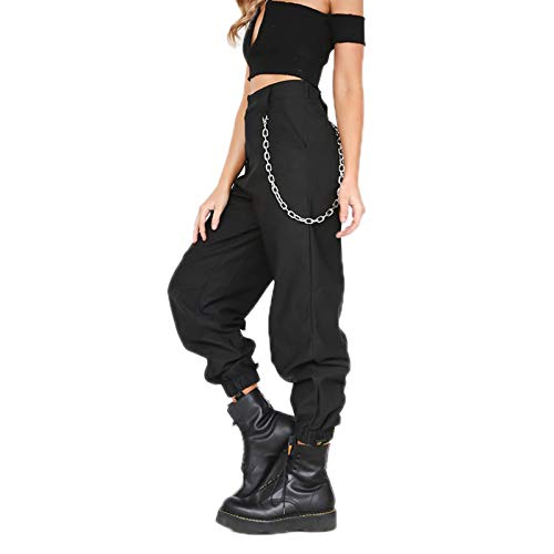 WSLCN Women Cargo Combat Trousers Relaxed-Fit Casual Pants Camo Combat Work Pants Baggy Hip Hop Dance Trousers with Chain Black Bust 26.0" (Asian XS)