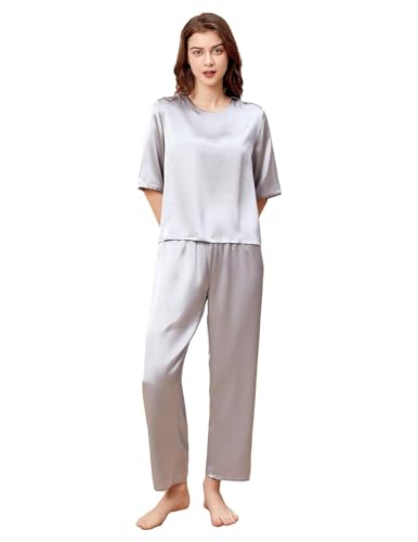 THXSILK 6A Pure Mulberry Silk Pajamas for Women 2 Piece Short Sleeve PJS Round Neck Silk Sleepwear