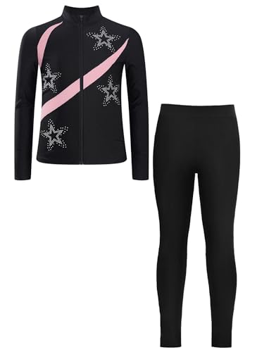 JEATHA Kids Girls Ice Skating Outfit 2-Piece Gym Training Suit Figure Skating Spiral Jacket Tights Pants Set3