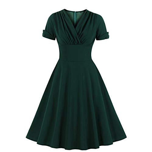 Wellwits Damen Kleid mit Rüschen, Wickelkleid, Cocktailkleid, Vintage-Kleid, dunkelgrün, 46
