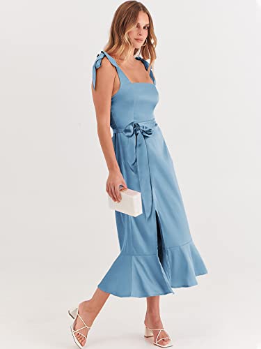 Anrabess Women's Satin Formal Dress Square Neck Ruffle Split Midi Bridesmaid Dress For Wedding Guest Cocktail Party A1008Shenlan-L #TOP3