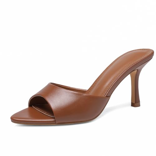 Image of Riekhany High Heel Mules for Women Slip On Open Pointed Toe Classy Patent Leather Stiletto Pumps Formal Slingback Mule Sandals Dress Walking Shoes
