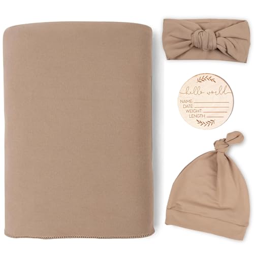 Image of TANOFAR 4-Pack Newborn Swaddle Blanket for Baby Girls & Boys, Ultra Soft Receiving Blankets with Matching Headband and Beanie Set Baby Nursery Swaddle Wrap (Brown)