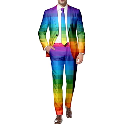 YOSUWOAI Bunt Regenbogen Anzug Herren Pride Outfit 2 Teilig LGBTQ Anzugjacke und Anzughosen Rainbow Print Anzugmantel und Hose 3D Druck Lustig Hochzeitsanzug Pride Month Sets