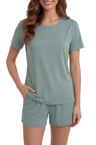 Image of LUBOT Pajamas for Women Set Bamboo Viscose with Cotton Cooling Soft 2 Piece PJ Sets Short Sleeve Nightwear S-2XL