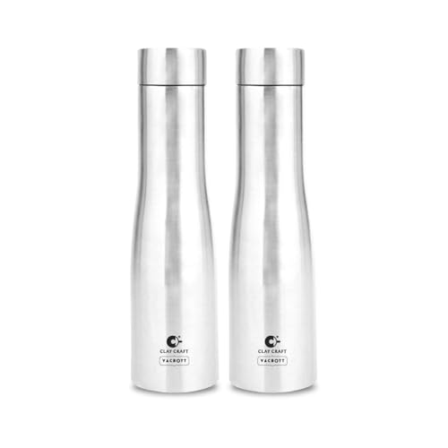 Image of Clay Craft VACBOTT Petra Single Walled Non Insulated Water Bottle-1000ML, 2-Piece(Silver) Leak Proof | Easy Grip |Easy To Carry| Gym Bottle | Home | Kitchen | Hiking | Treking Bottle | Travel Bottle
