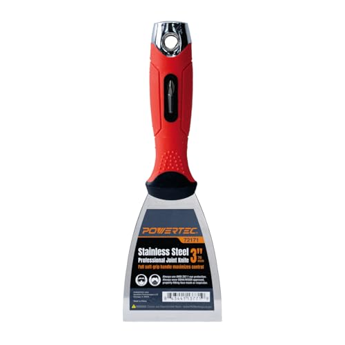 Image of POWERTEC 3-Inch Stainless Steel Drywall Joint Knife - Flexible Blade, Soft Grip, for Patching, Taping, Scraping (72171)