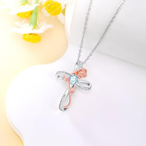 Diamond Cross Birthstone Necklace for Women Rose Cross Necklace with 12 Birthstone Two Tone Rose Cross Pendant Birthday Jewelry Gifts for Women Wife Her3