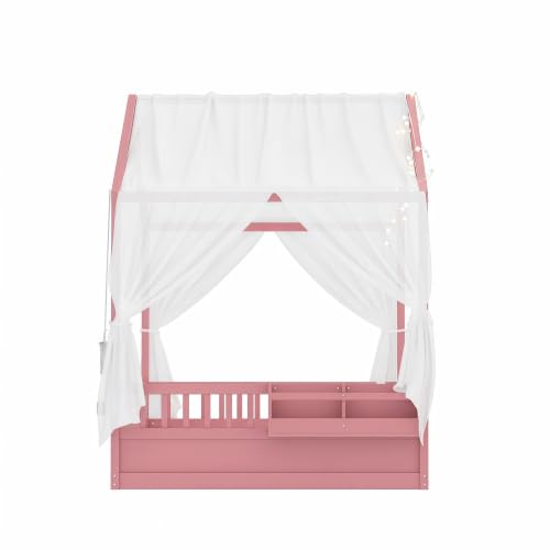 Image of Bellemave Full House BedFrame with Canopy, Montessori House Bed with LED and Bookshelf and Rails for Kids, Pink