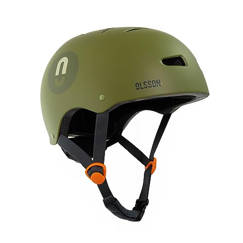 OLSSON Casco Urban Rider Tallas S a L (51-58cm) - Ajustable - Homologado - Resistente a Impactos 360º - Forro Desmontable - Ventilación - Apto patinetes Patines Bicicletas y Skate (Verde Caqui, S/M)