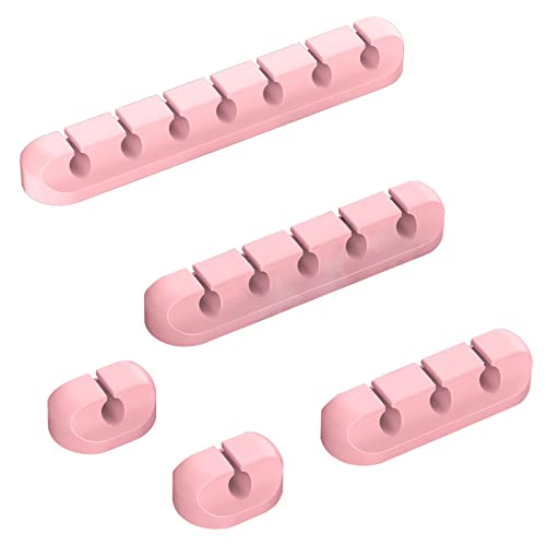 Cord Holder Cable Organizer Clips – Self Adhesive Cord Organizer for Desk, Car, Nightstands, Office, Pink Silicone Cord Keeper Cable Clips Wire Holders for Charger Cords (7-5-3-1-1 Slots)