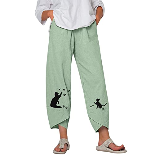 Hanaturu Pantalones de algodón y lino para mujer, estampado de diente de león, pantalones de yoga de pierna ancha, ajuste holgado, transpirable, pantalones cortos Palazzo Capris, 03-verde., XXL