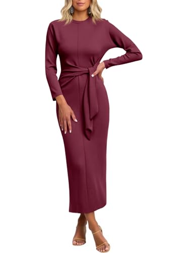 Cicy Bell Womens Long Sleeve Maxi Dress Bodycon Tie Waist Fall Elegant Crew Neck Cocktail Party Dress