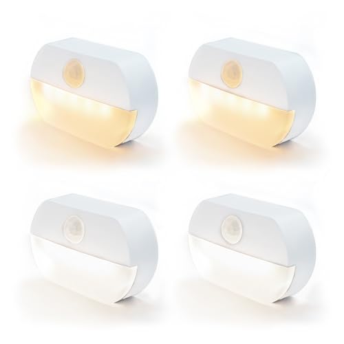 AVACOM luz nocturna con detector de movimiento,2 luces nocturnas de LED blanco+2 blanco cálido,luz de escalera con sensor de batería,encendido/apagado automático,para vestíbulos,pasillos,dormitorios