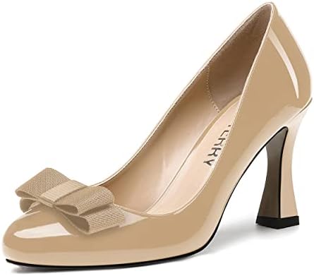 SKYSTERRY Women's Beige High Heel Bow Slip On 3.3 Inch Patent Dating Spool Casual Round Toe Pumps Shoes Size 10 - Zapatos Con Tacon de Mujer