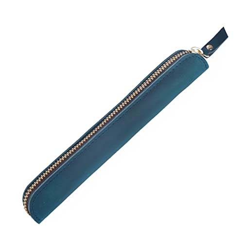 Image of Retro Crazy Horse Genuine Leather Stationery Pencil Case Storage Bag Casual Stationery Box (Blue)