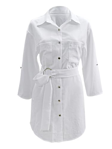 LYANER Women's Collar V Neck Belted High Low Roll Half Sleeve Pocket Front Office Mini Dress3